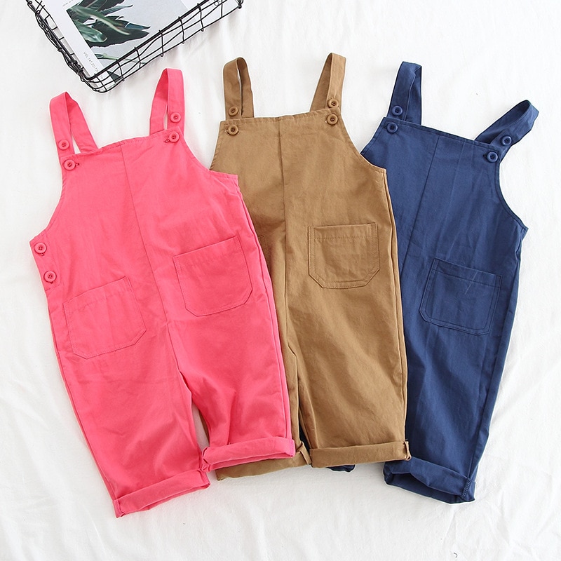 Baby Boys Girls Jumpsuit Korean Fashion Kids Candy Color Overalls for Girls Spring New Baby Boy Girl Big Pocket Stra